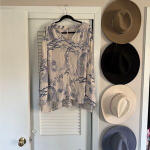 Free People Cream and Blue Floral Blouse